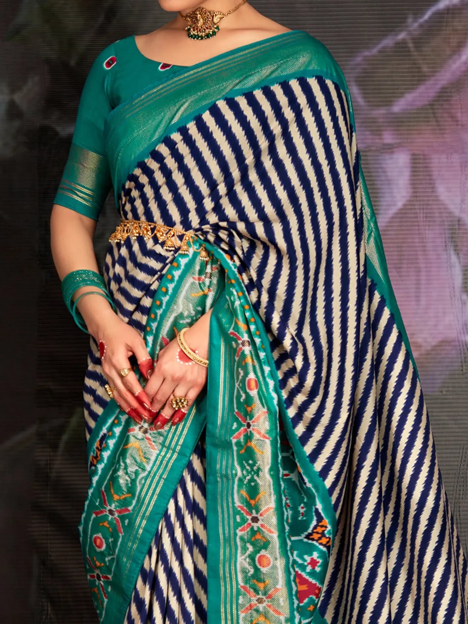 Navy Blue Printed Polyester Indian Sari - Designer Saree