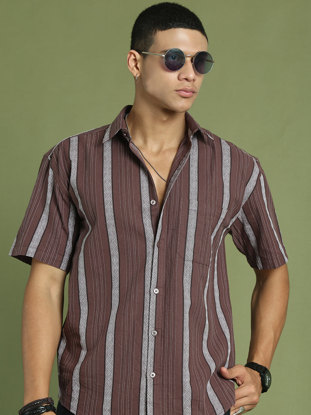 Men's Striped Cotton Casual Shirt ( RDSH 003Brown )