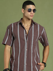 Men's Striped Cotton Casual Shirt ( RDSH 003Brown )