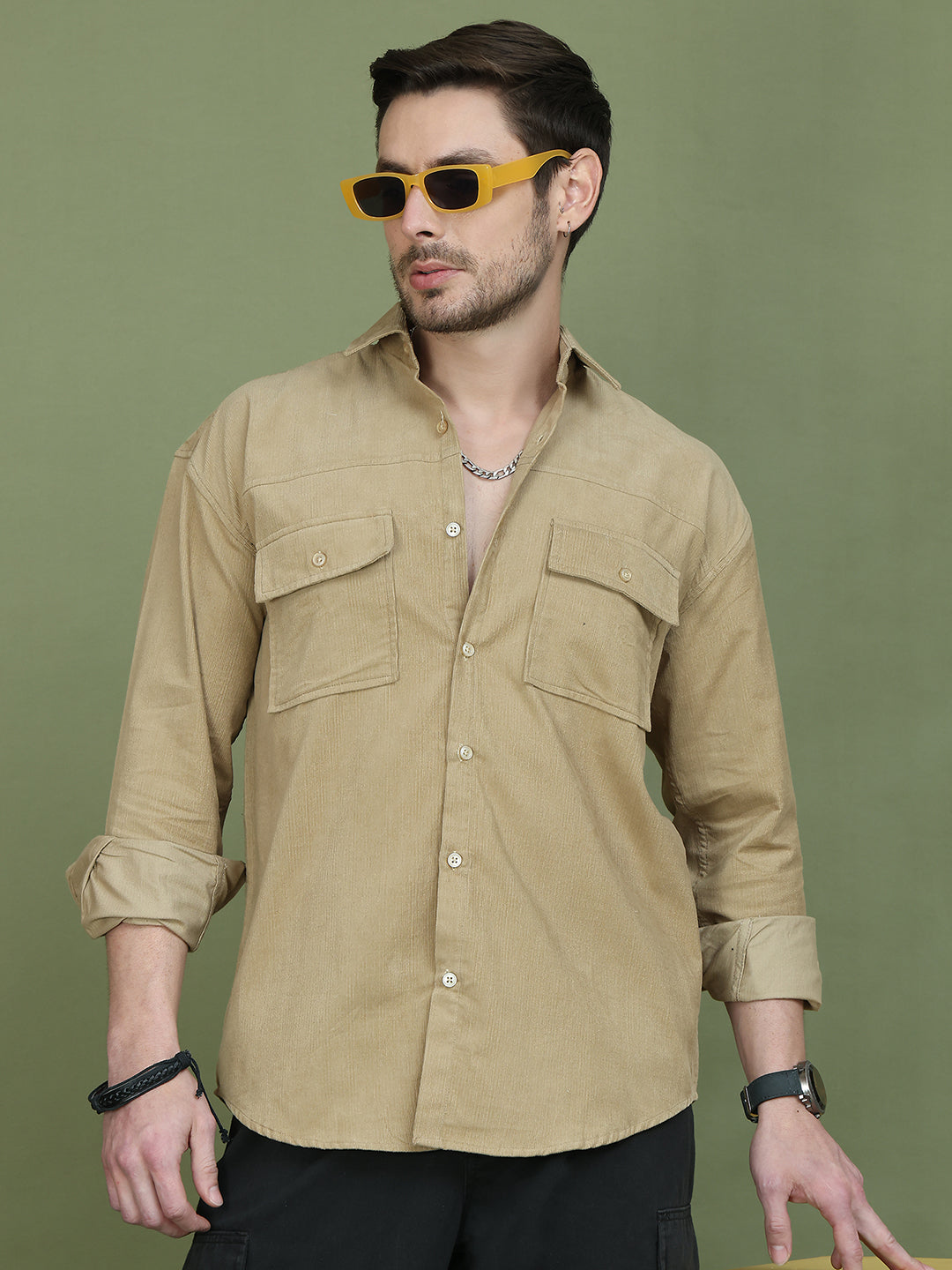 Classic Corduroy Shirt with Dual Pockets ( RDSH 014Beige )