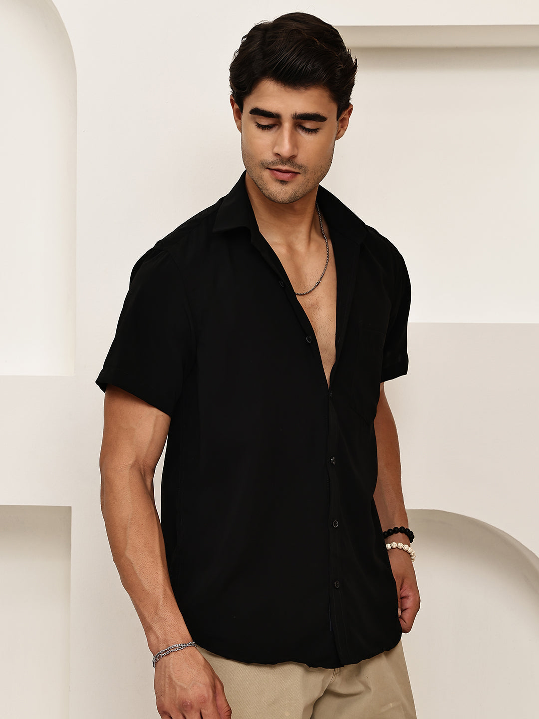 Cotton Blend Short Sleeve Casual Shirt for Men ( RDSH 024Black )