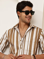 Vertical Stripe Cotton Blend Casual Shirt ( RDSH 026Beige )