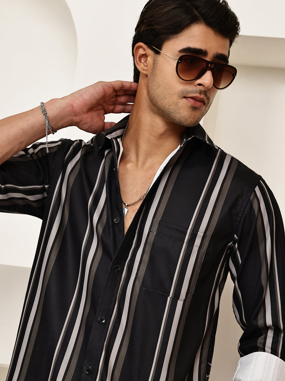 Vertical Stripe Cotton Blend Casual Shirt ( RDSH 026Black )