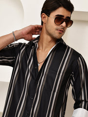 Vertical Stripe Cotton Blend Casual Shirt ( RDSH 026Black )