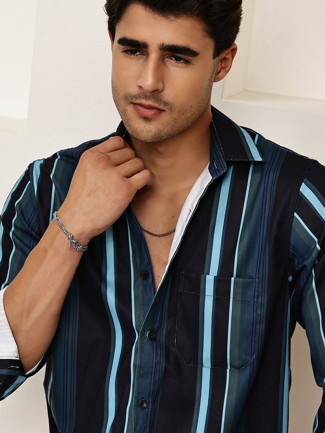 Vertical Stripe Cotton Blend Casual Shirt ( RDSH 026Blue )