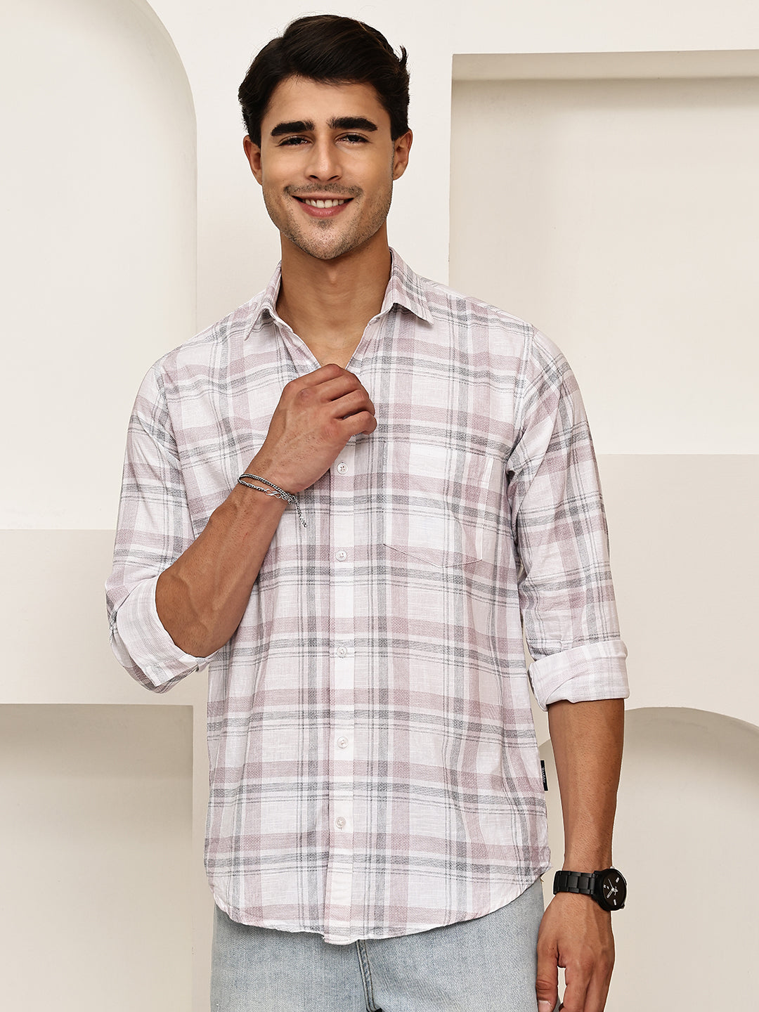 Pure Cotton Smart Casual Checked Shirt ( RDSH 027Pink )