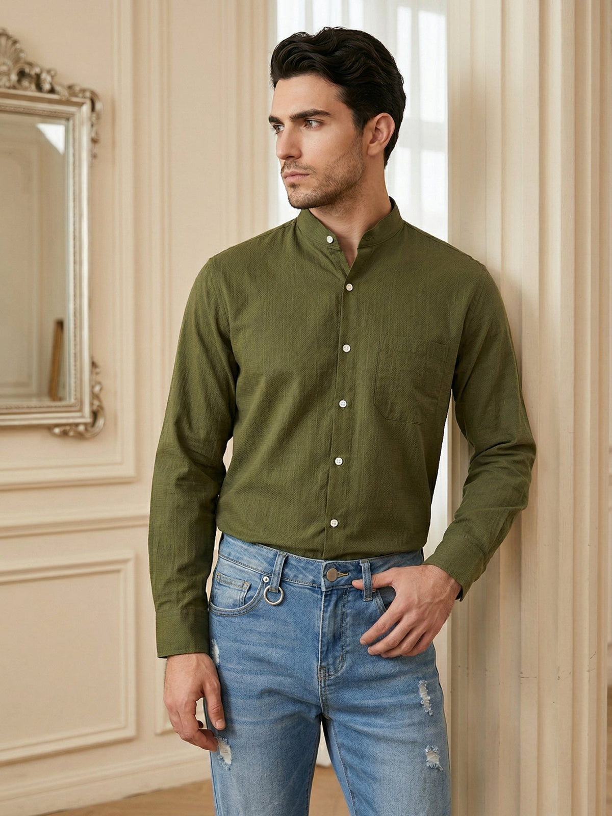 Cotton Blend Solid Formal Shirt for Men ( RDSH 039Olive )