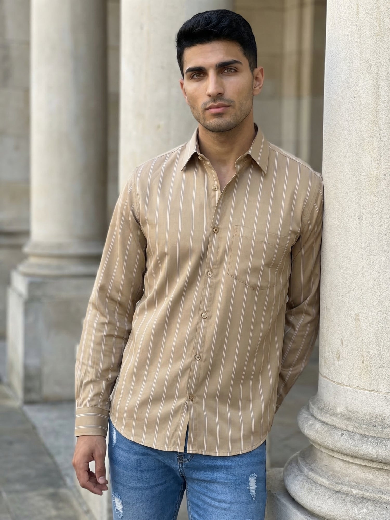 DesiQlo Men Striped Men Regular Fit Shirts - Multicolor - RDSH_041Beig