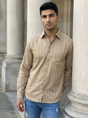 Men’s Vertical Striped Regular Fit Casual Shirt ( RDSH 041Beige )