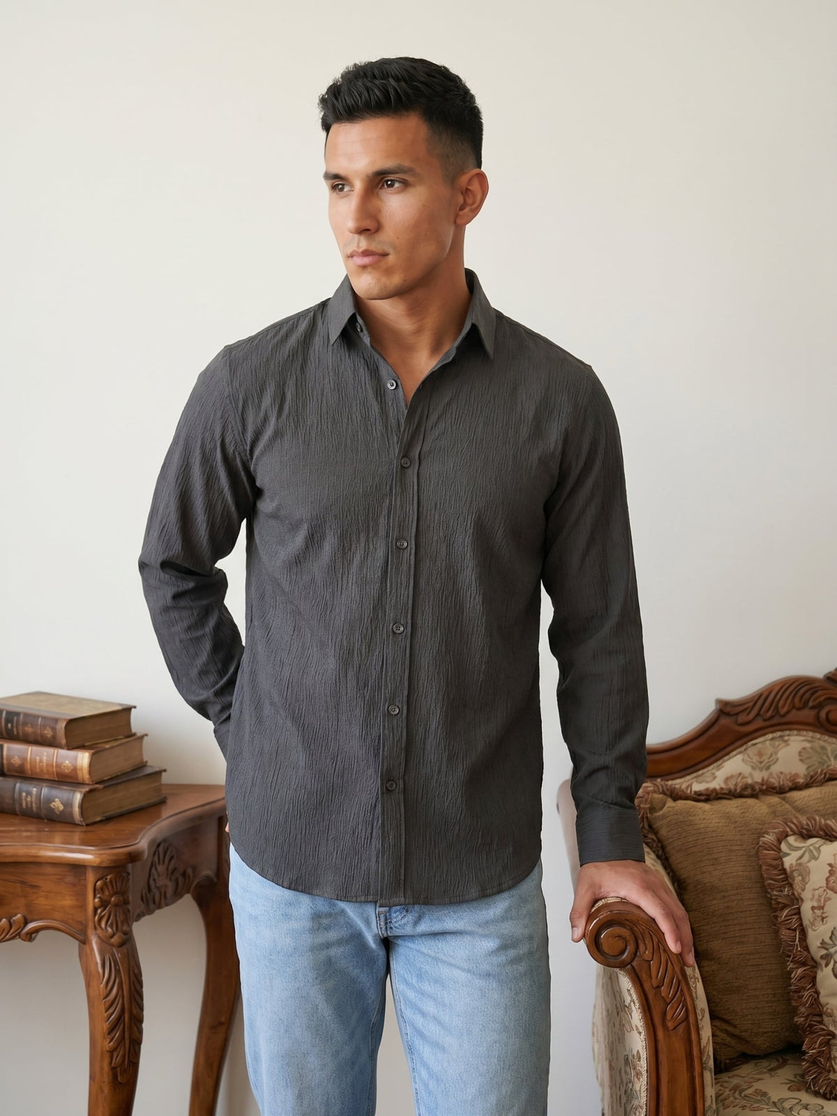 Men’s Wrinkle Textured Cotton Blend Casual Shirt ( RDSH 044Charcoal )