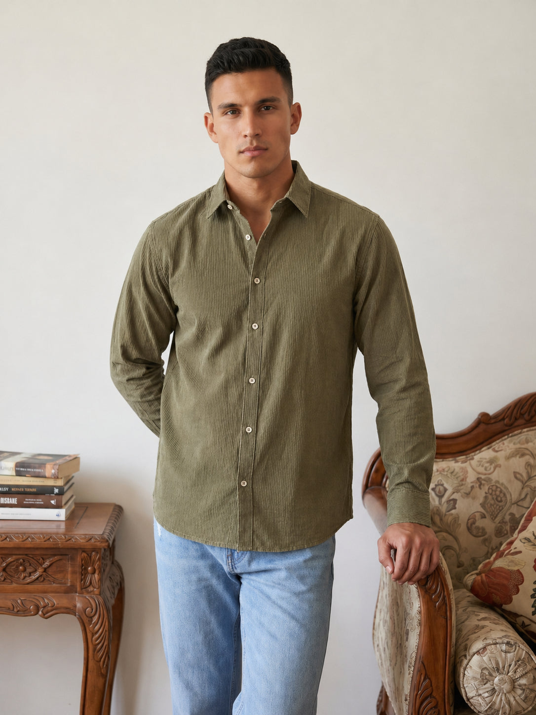 Men Standard Corduroy Cotton Shirt ( RDSH 045Olive )