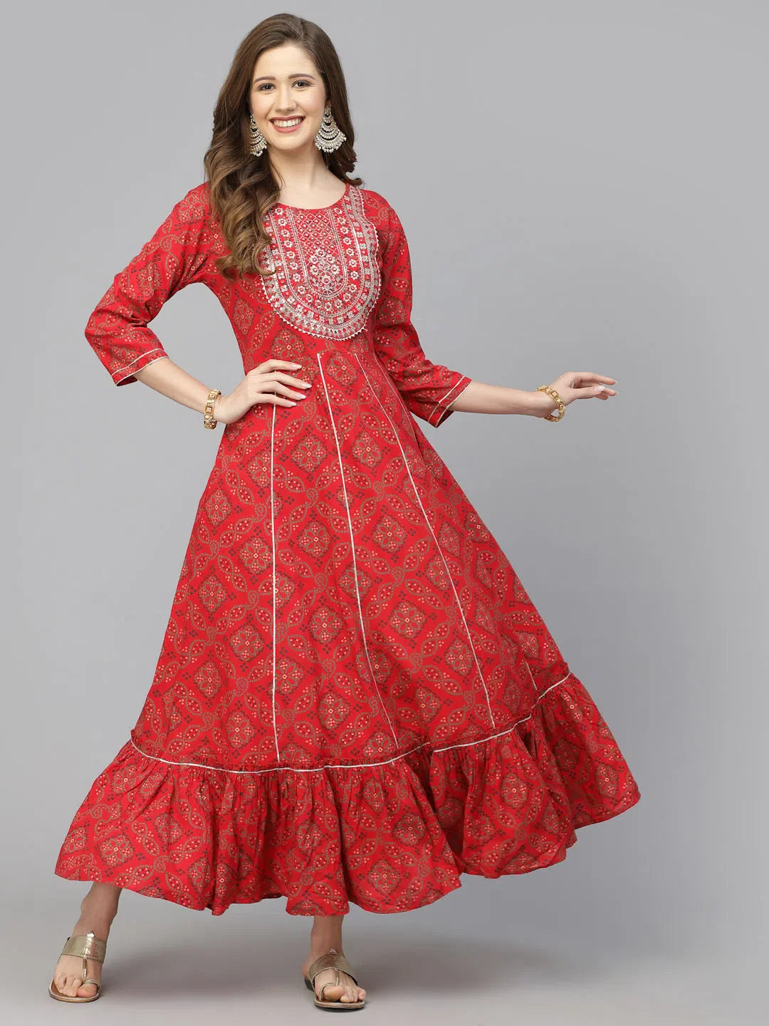 Red Bandhani Anarkali Kurta: Embroidered Rayon Gown for Women