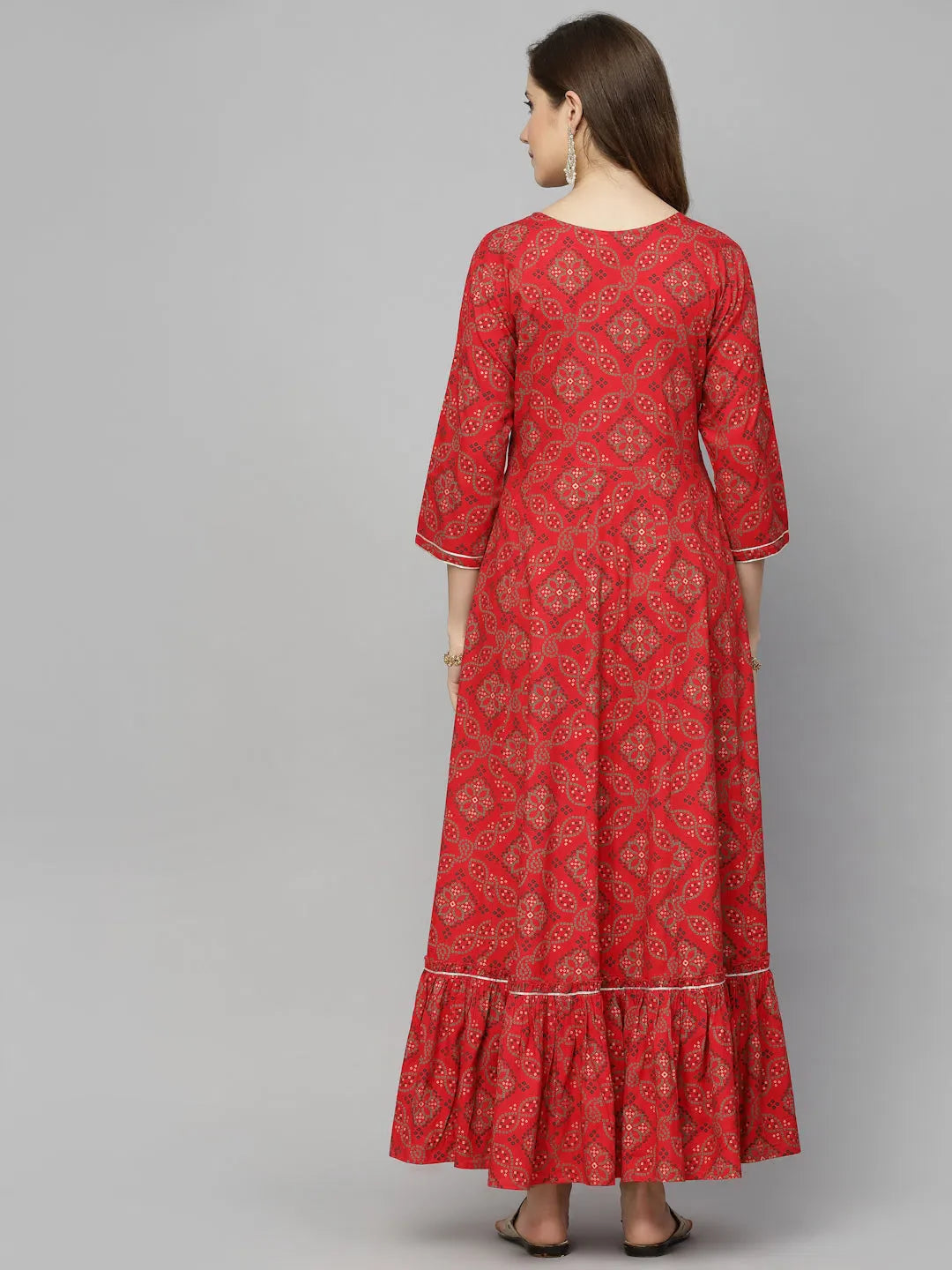 Red Bandhani Anarkali Kurta: Embroidered Rayon Gown for Women