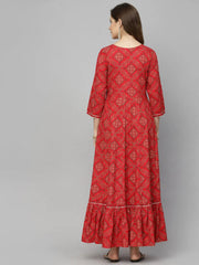 Women's Bandhani Printed & Embroidered Rayon Anarkali Kurta-REDAMBER36
