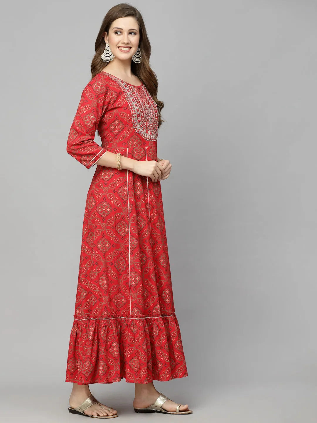 Red Bandhani Anarkali Kurta: Embroidered Rayon Gown for Women