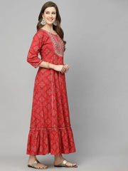Women's Bandhani Printed & Embroidered Rayon Anarkali Kurta-REDAMBER36