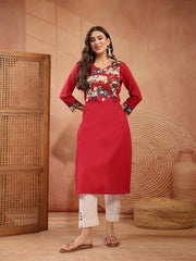 Stylum Women's Red Solid Rayon Straight Kurta (REDDHARA)
