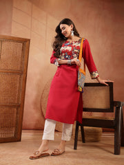 Stylum Women's Red Solid Rayon Straight Kurta (REDDHARA)