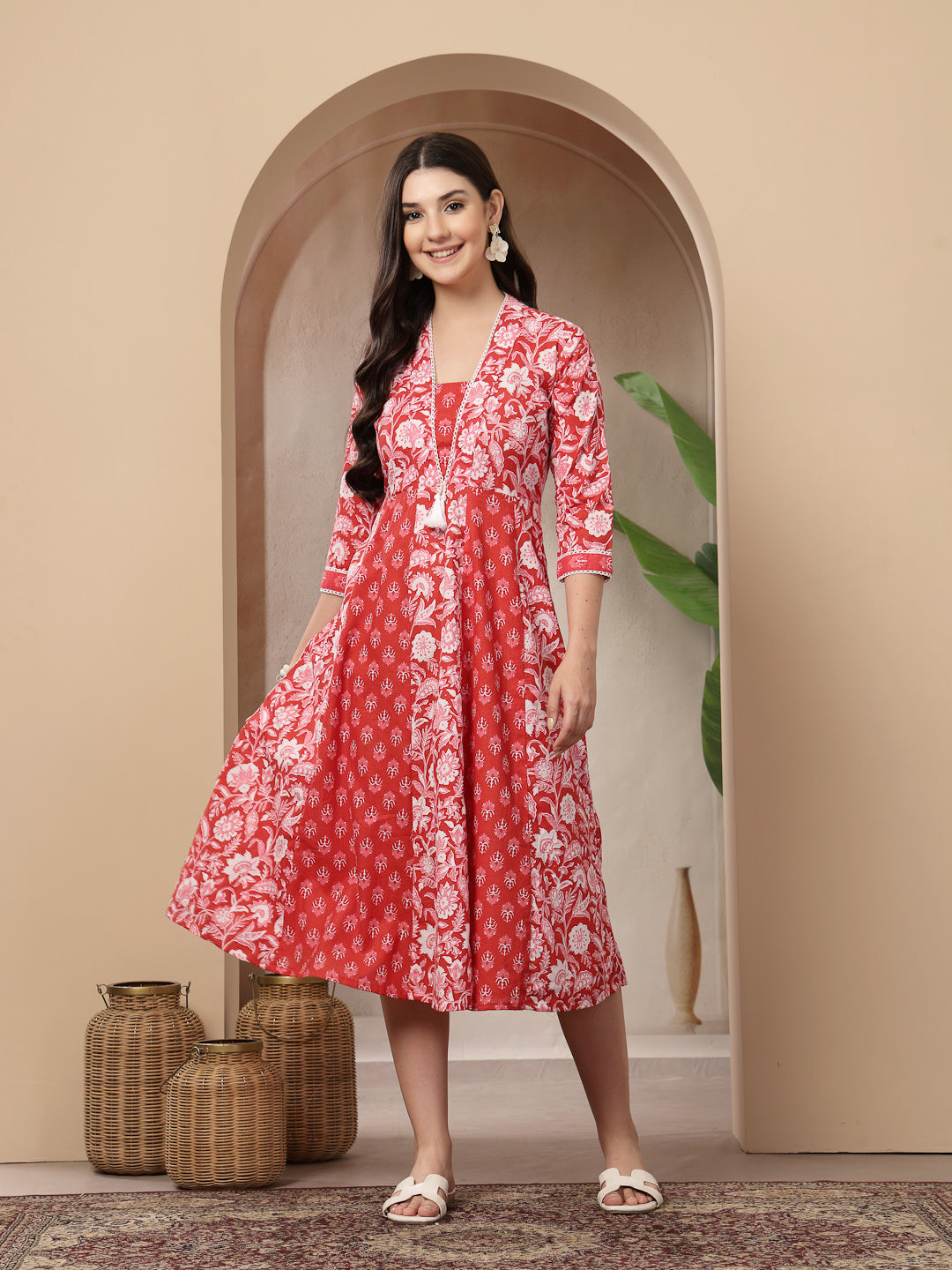 Women's Red Floral Printed Cotton Flared Kurta (REDDUKE) | DesiQlo