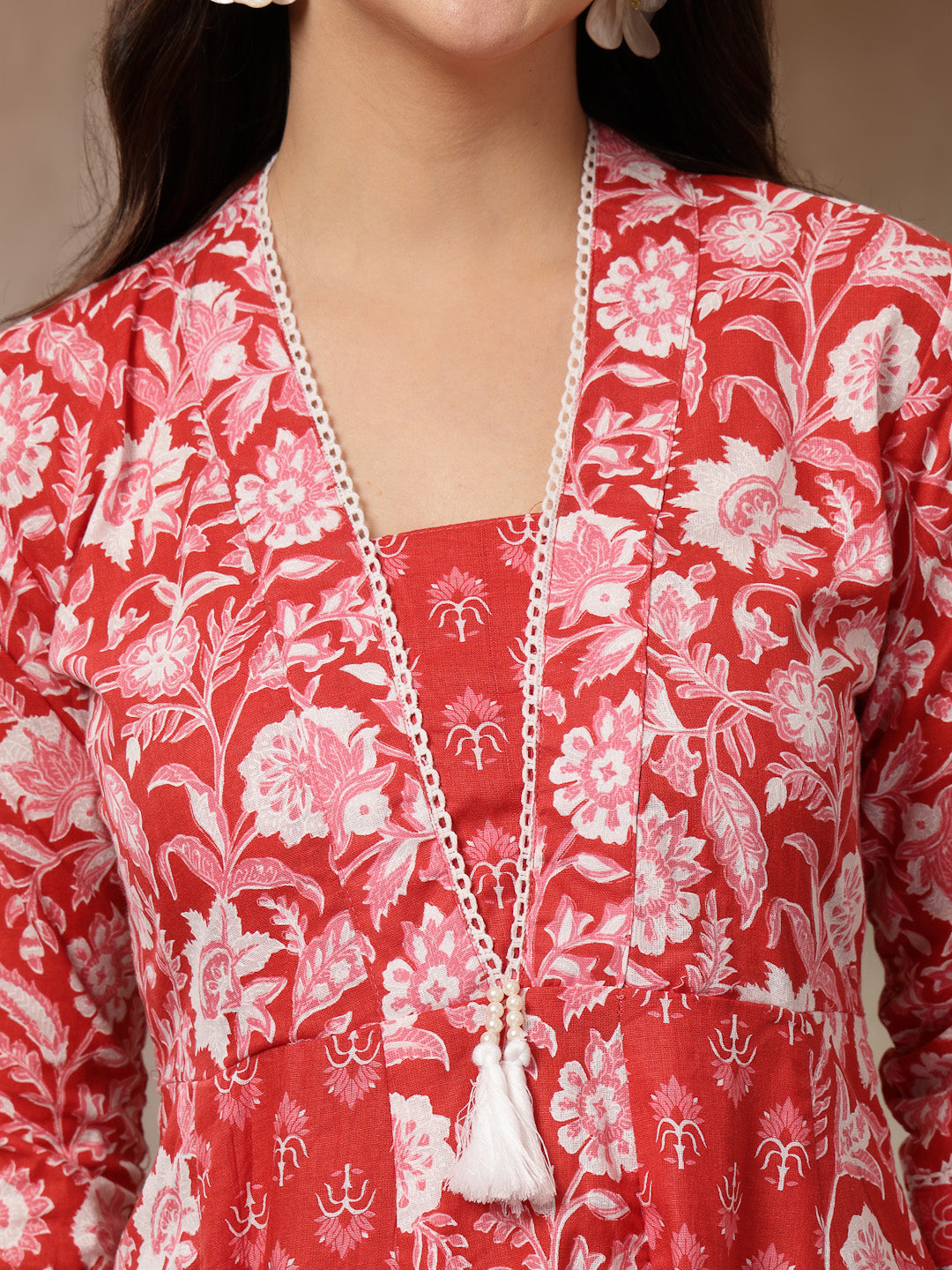 Women's Red Floral Printed Cotton Flared Kurta (REDDUKE) | DesiQlo