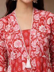 Stylum Women's Red Floral Printed Cotton Flared Kurta (REDDUKE)