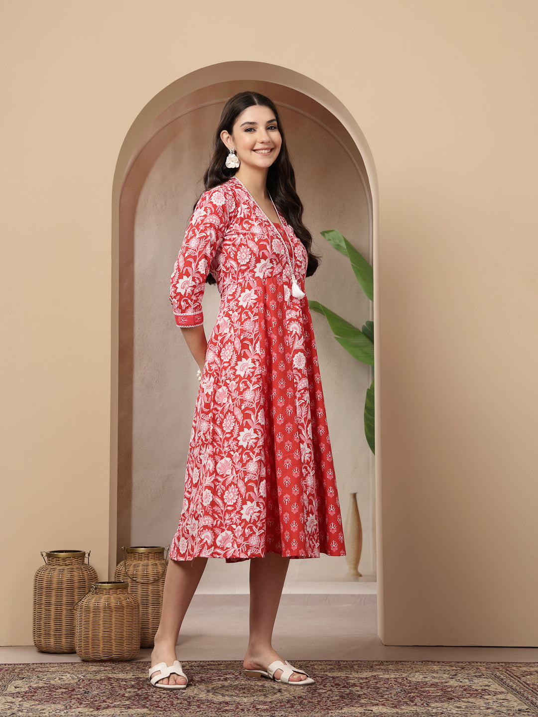 Women's Red Floral Printed Cotton Flared Kurta (REDDUKE) | DesiQlo