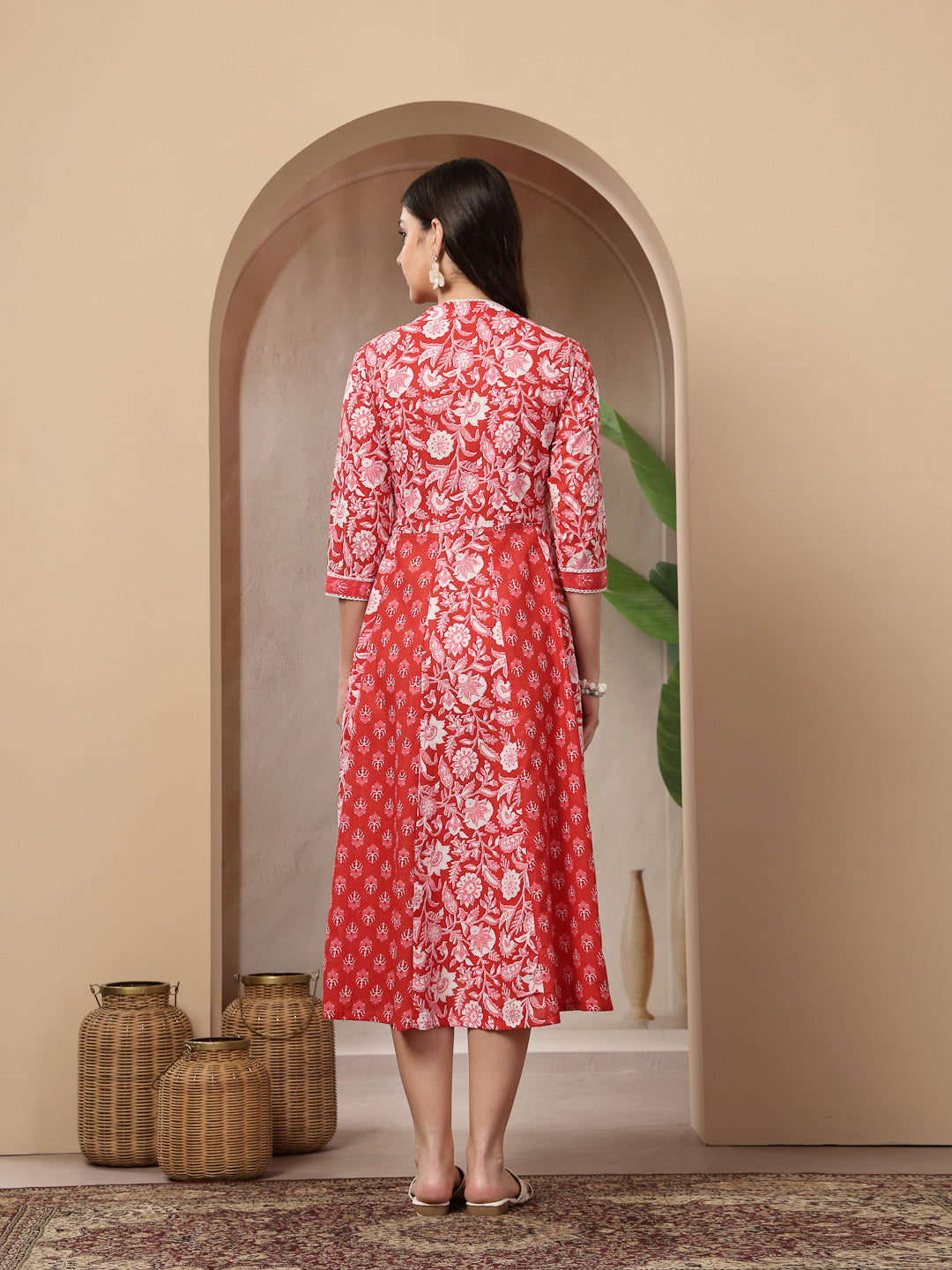 Women's Red Floral Printed Cotton Flared Kurta (REDDUKE) | DesiQlo