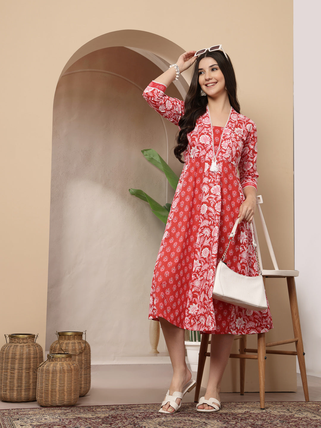 Women's Red Floral Printed Cotton Flared Kurta (REDDUKE) | DesiQlo