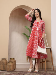 Stylum Women's Red Floral Printed Cotton Flared Kurta (REDDUKE)
