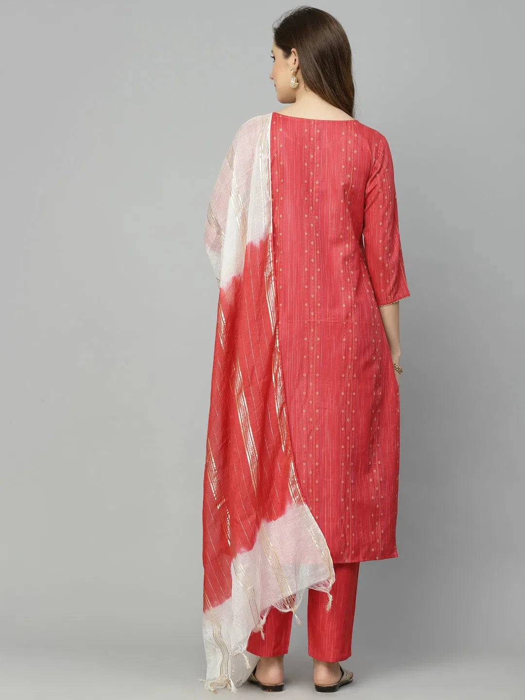 Women's Woven Red Cotton Kurta Pant Dupatta Set | Indian Set