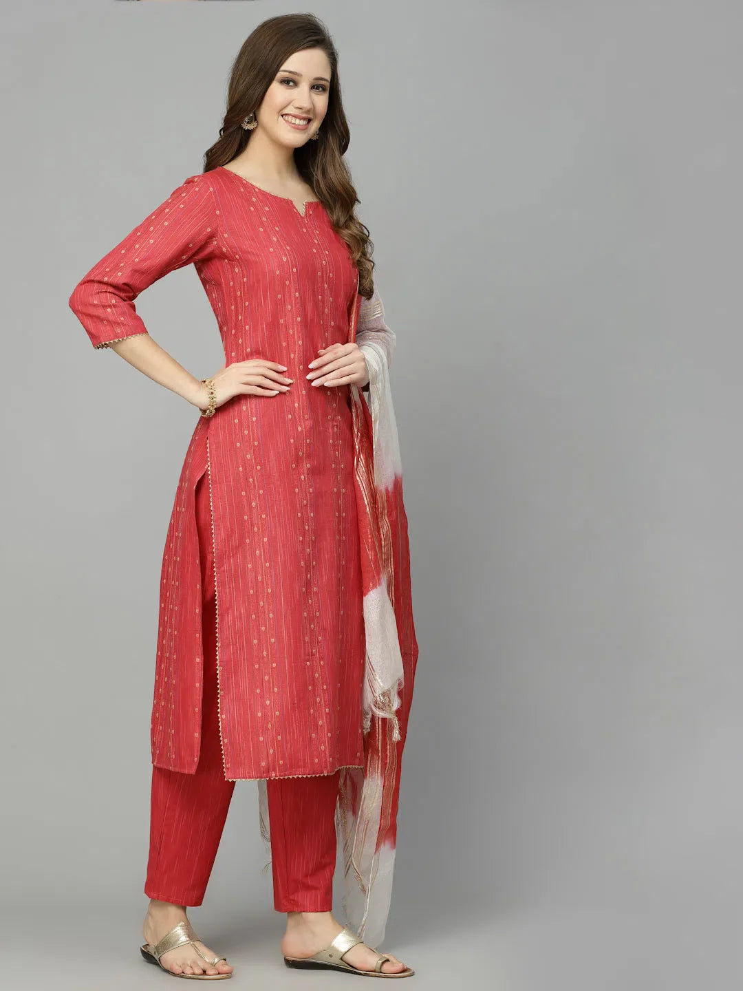 Women's Woven Red Cotton Kurta Pant Dupatta Set | Indian Set