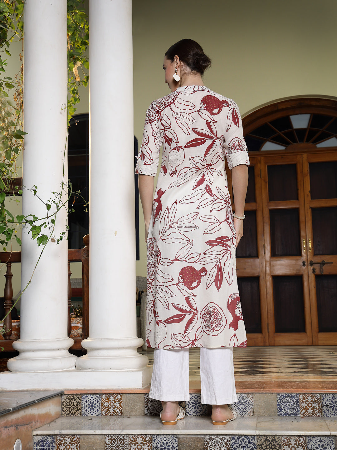 Women's Red Botanical Printed Rayon A-Line Kurta (REDRALLY) | DesiQlo