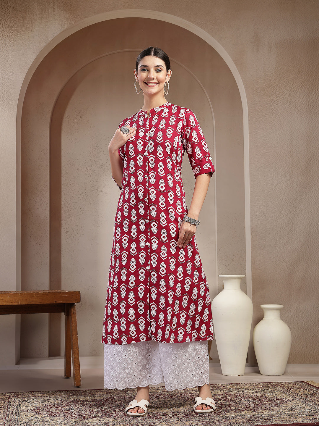 Women's Maroon Ikkat Printed Cotton A-line Kurta (REDSANTA) | DesiQlo