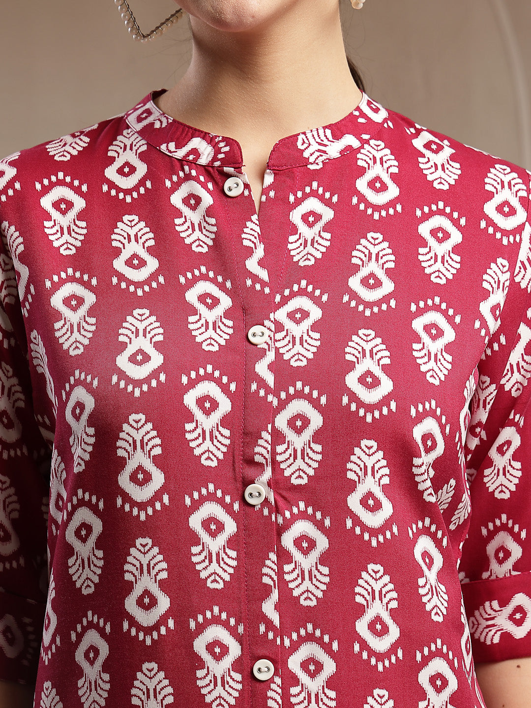 Women's Maroon Ikkat Printed Cotton A-line Kurta (REDSANTA) | DesiQlo