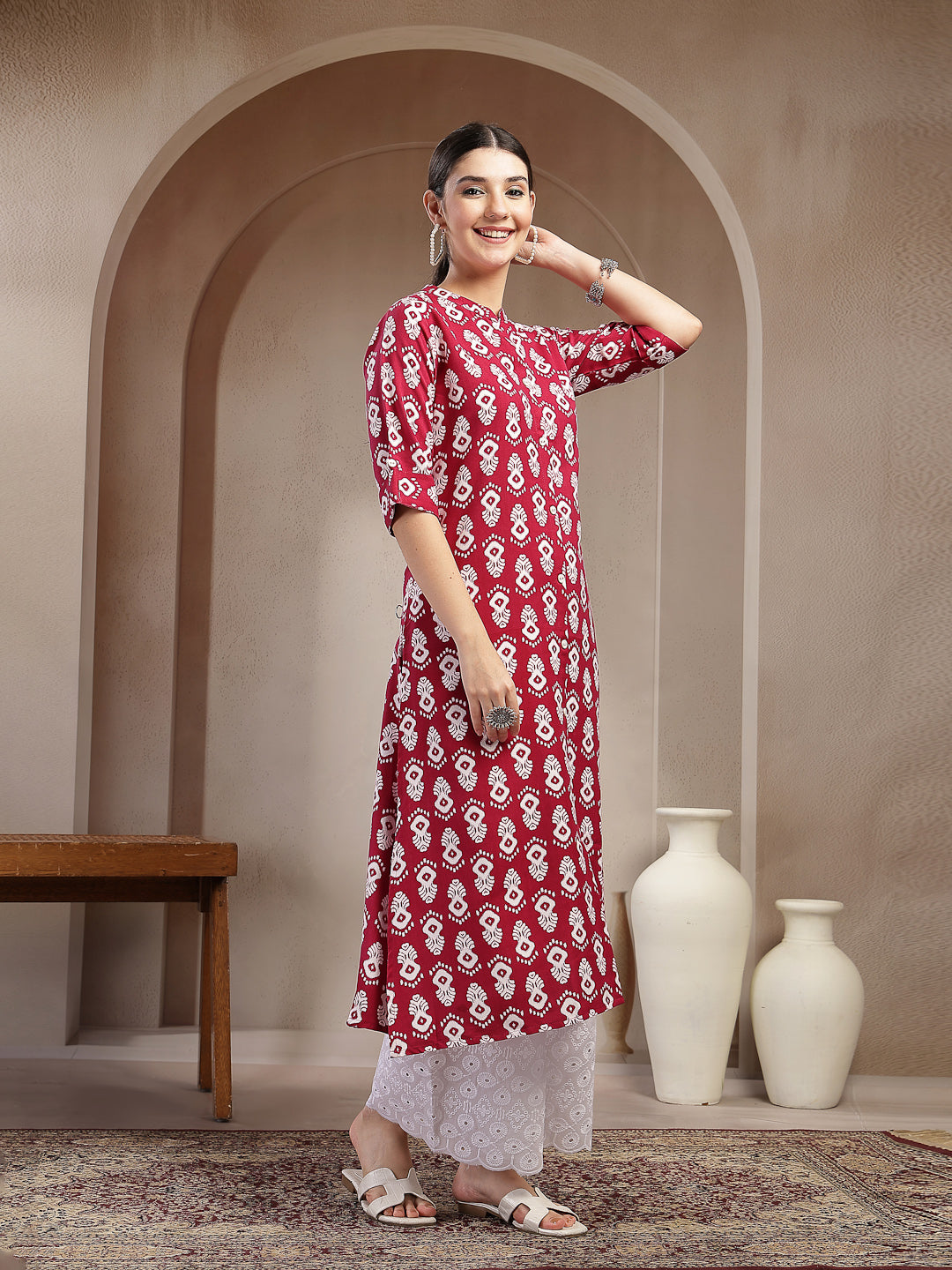 Women's Maroon Ikkat Printed Cotton A-line Kurta (REDSANTA) | DesiQlo