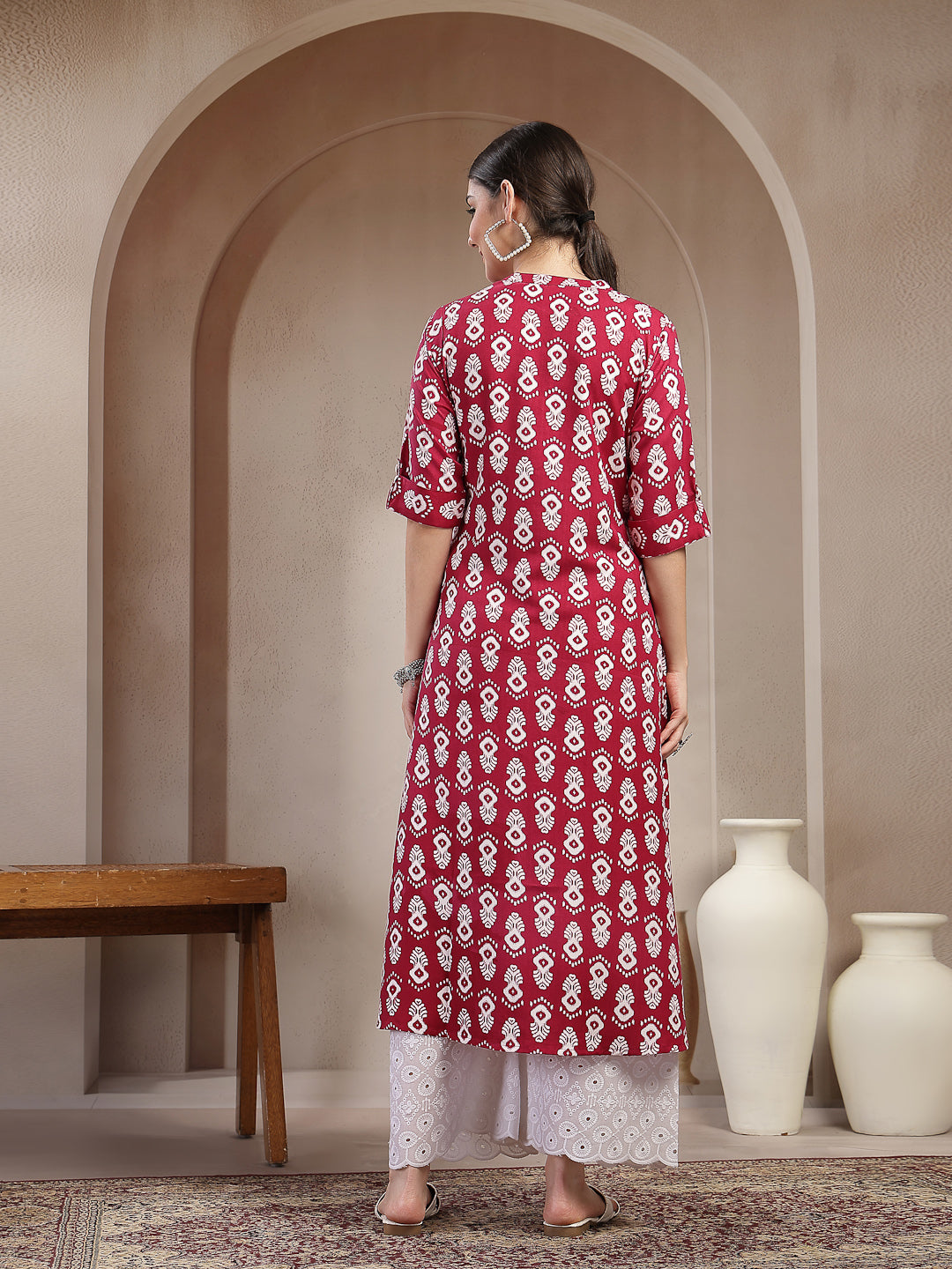 Women's Maroon Ikkat Printed Cotton A-line Kurta (REDSANTA) | DesiQlo