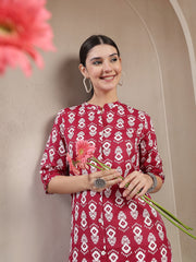 Stylum Women's Maroon Ikkat Printed Cotton A-line Kurta (REDSANTA)