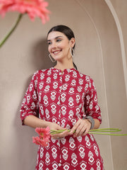 Stylum Women's Maroon Ikkat Printed Cotton A-line Kurta (REDSANTA)