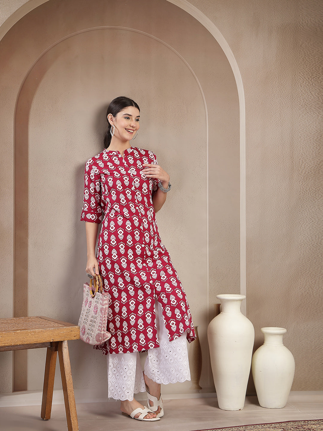Women's Maroon Ikkat Printed Cotton A-line Kurta (REDSANTA) | DesiQlo