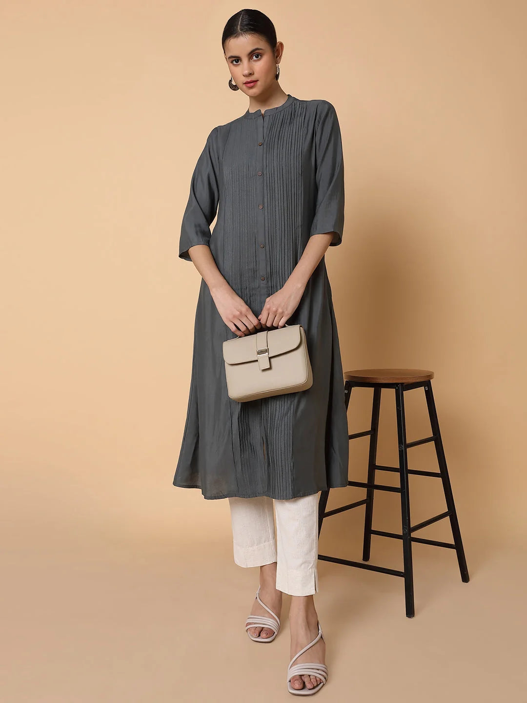 Grey Solid A-Line Kurta - Modern Indian Kurta for Women Online