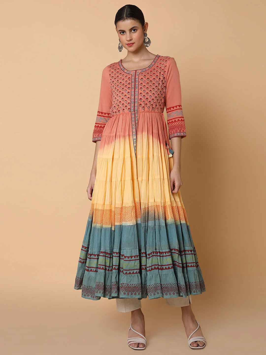Floral Peach Cotton Anarkali Kurti | Women's Anarkali Dress