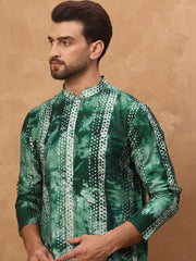 Ethnic Bay Men Green Silk Blend Shibori Embroidered Straight Kurta With Pant Set-MKSET1538