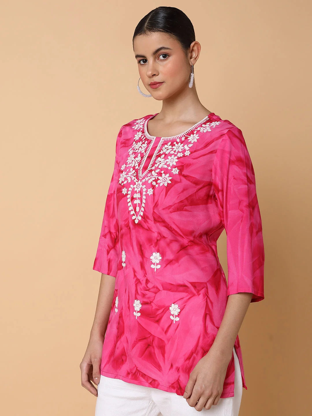 Pink Floral Chikankari Indian Kurti - Women's Cotton Tunic Top