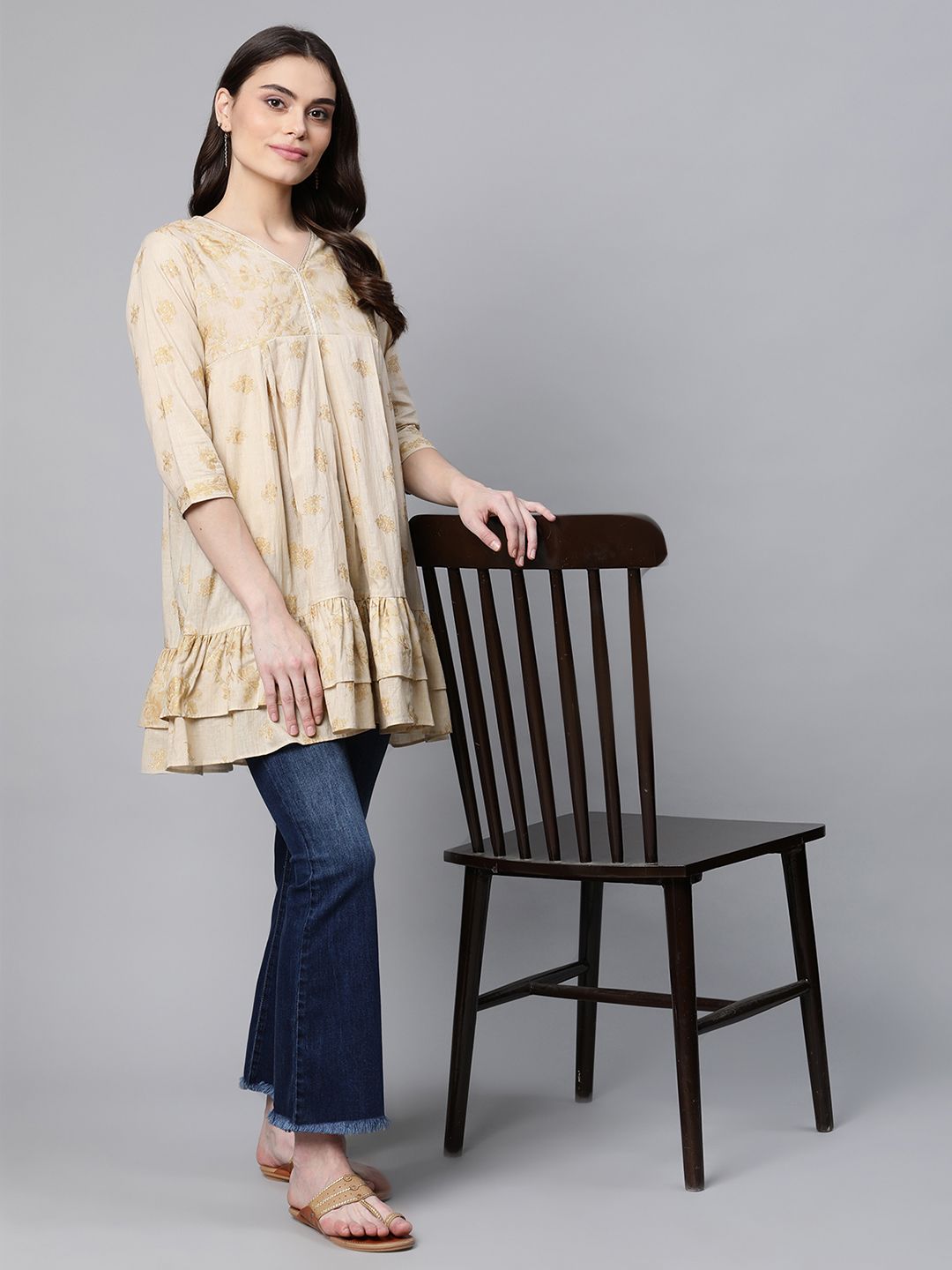 Beige & Gold Printed Tunic Top - Indian Kurtis for Women