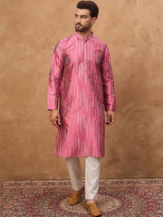 Ethnic Bay Men Pink Silk Blend Geometric Printed Straight Kurta With Pant Set-MKSET1533
