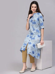Women's Floral Printed Rayon A-Line Kurta-ROSABLUE-S