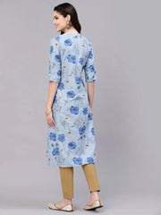 Women's Floral Printed Rayon A-Line Kurta-ROSABLUE-S