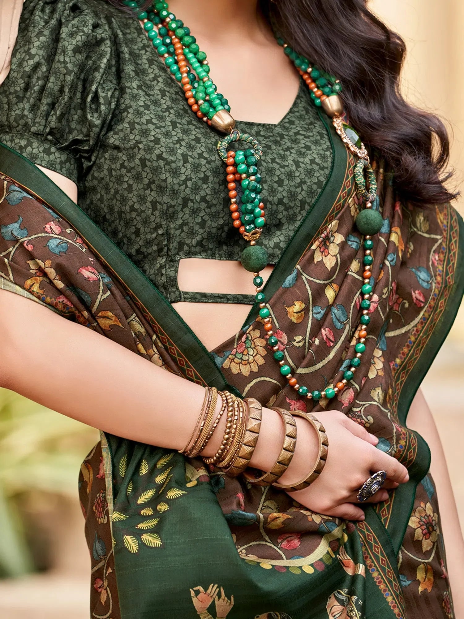 Elegant Brown Printed Polyester Saree | Designer Sarees India