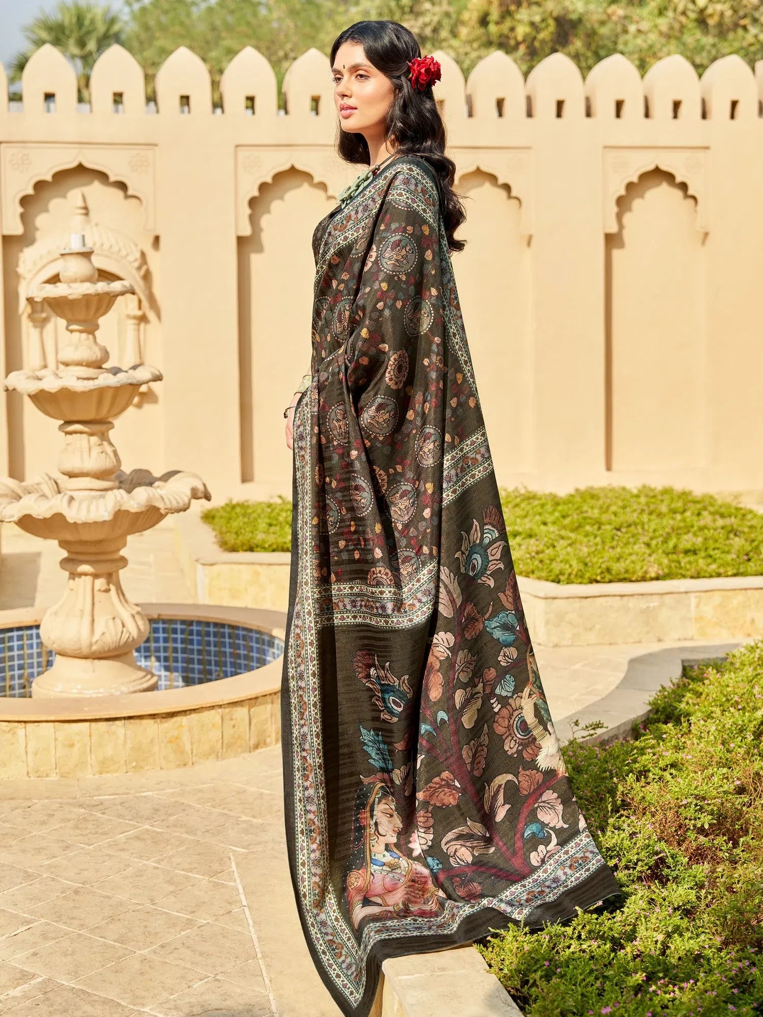 Olive Printed Polyester Saree | Indian Sarees Online