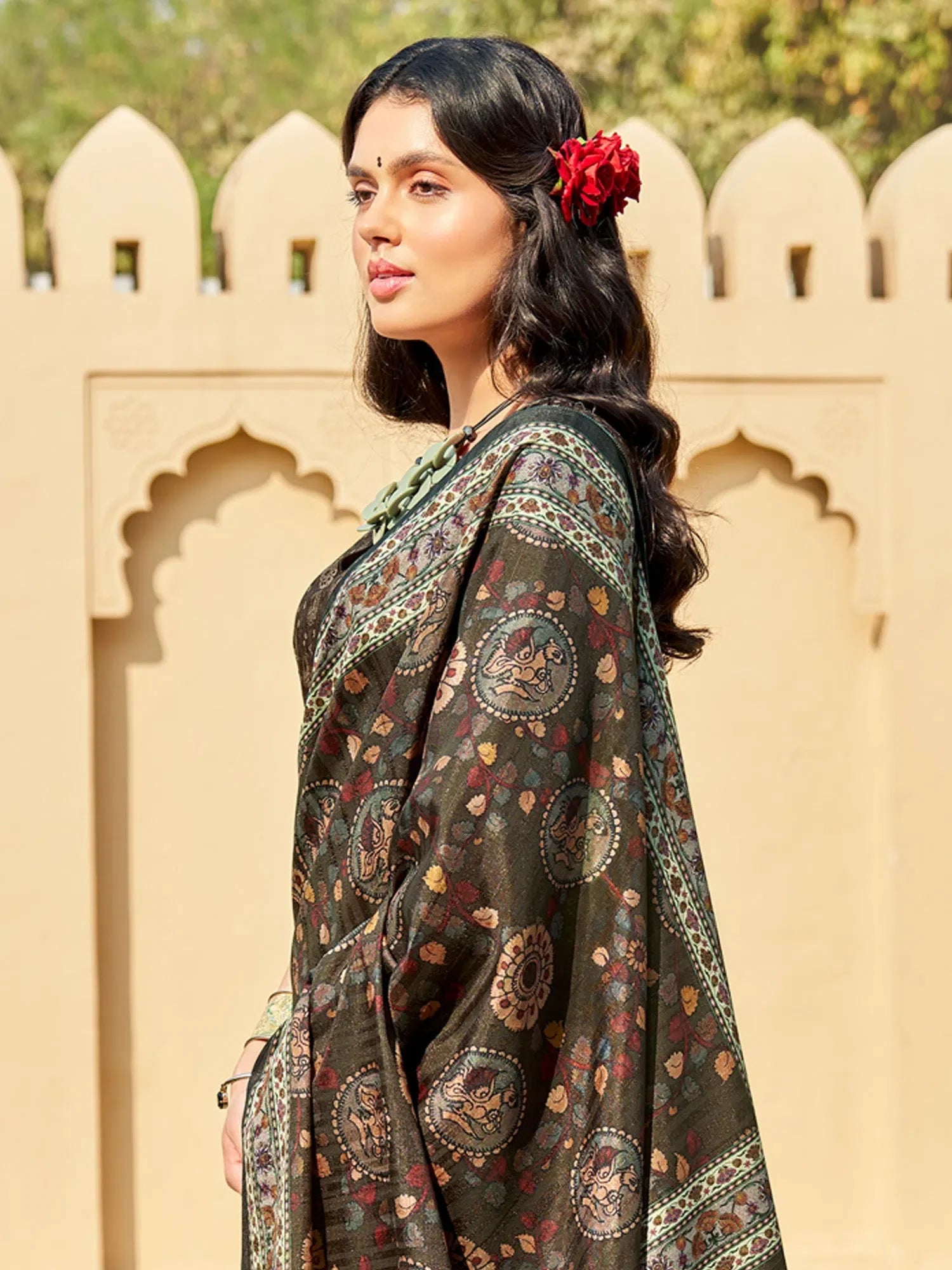 Olive Printed Polyester Saree | Indian Sarees Online